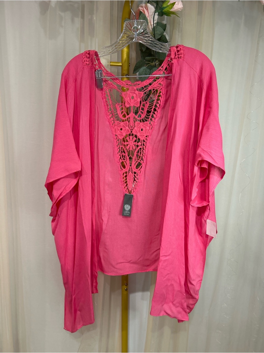 Vince Camuto Pink Crochet Lace Kimono Cover Up One Size NWT Boho Resort